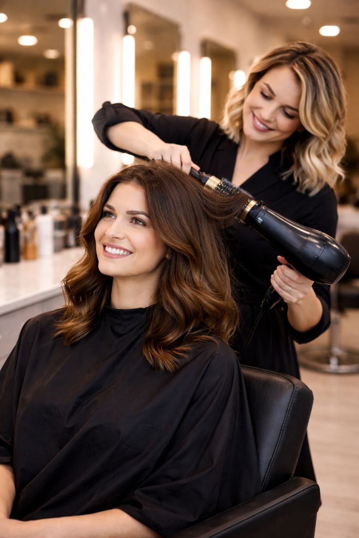 Professional hairstylist finishing a look